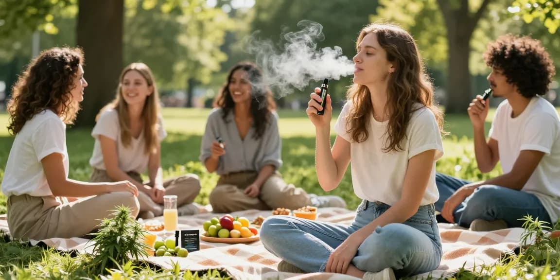 Group enjoying natural wellness with thc vapes uk delivery in vibrant park setting, emphasizing community and relaxation.