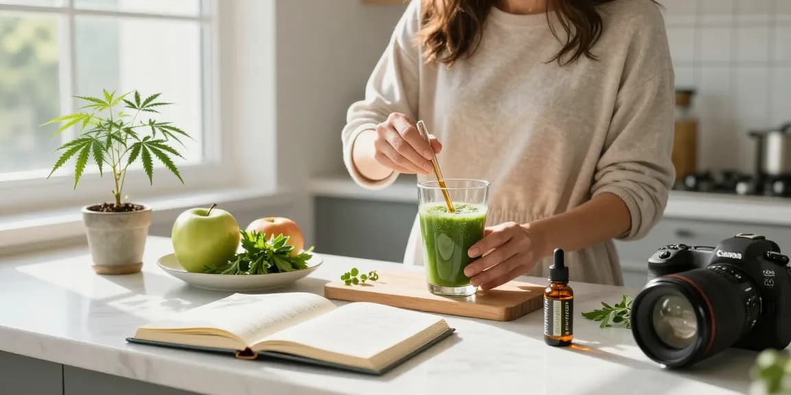 ministryofcannabis CBD wellness routine with tincture and natural ingredients in modern kitchen