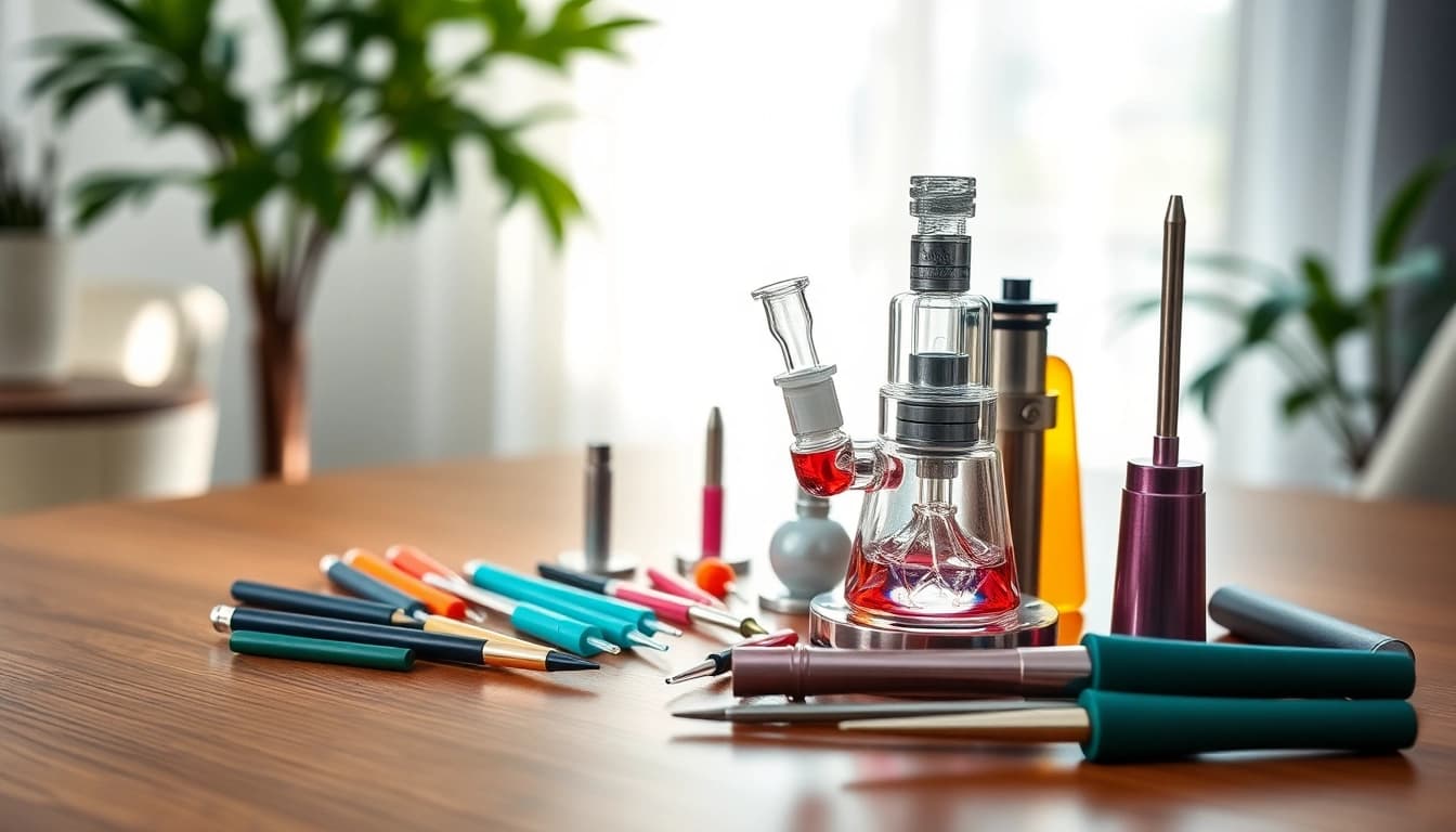 Dabbing accessories featuring a stylish dab rig and colorful tools displayed on a wooden table.