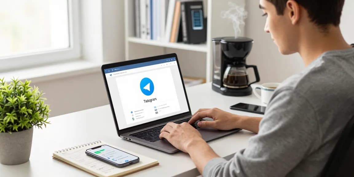 User exploring Telegram Web Version on laptop in a modern workspace