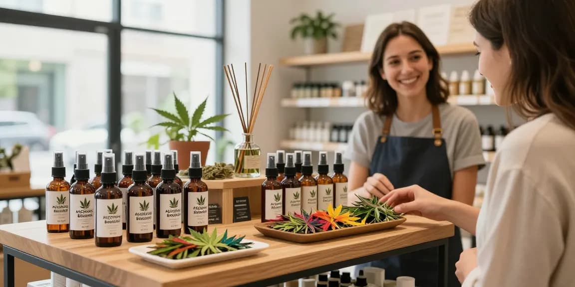 Buy Alcohol Potency Booster Spray 60 ML displayed in a modern herbal shop, showcasing vibrant products and customer interaction.
