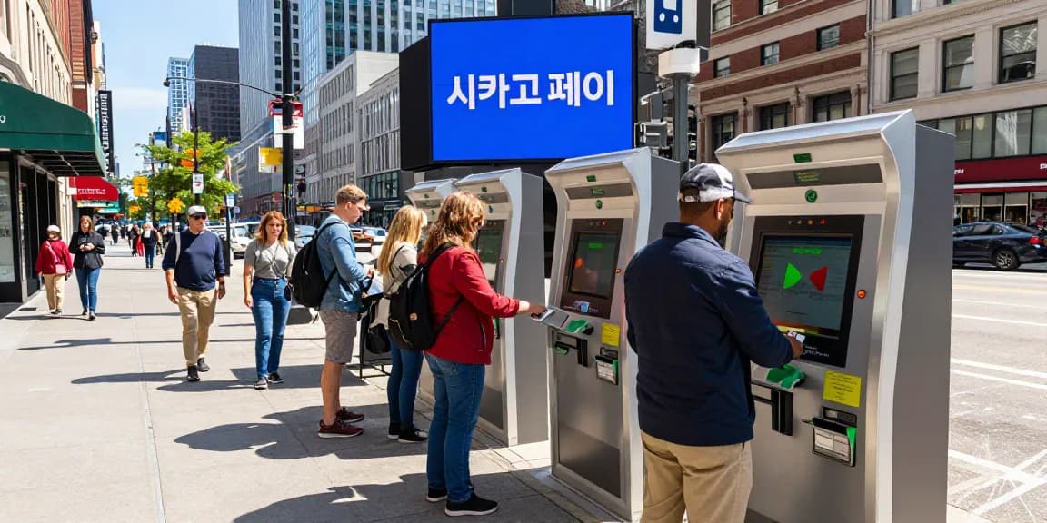 Interacting with 시카고페이 kiosks in a bustling Chicago street scene, showcasing diverse users and modern payment technology.