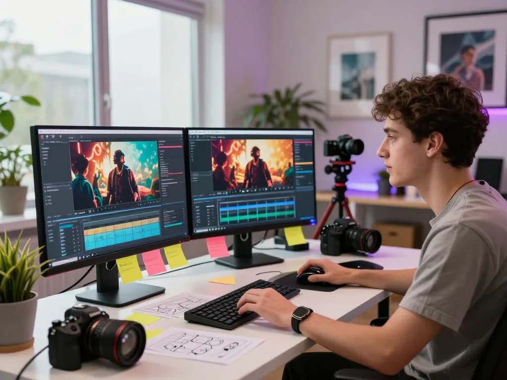Content creator using Seedance 2.0 to craft AI-generated videos in a modern studio.