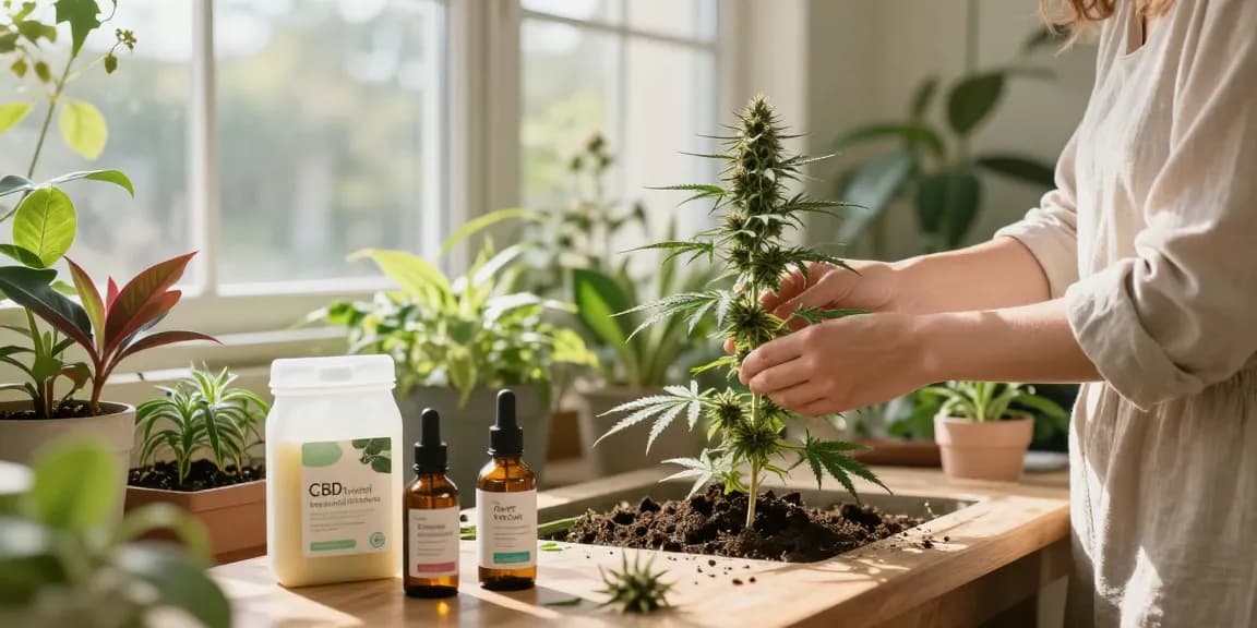 Living Soil für Cannabis: Hochwertige CBD-Produkte und natürliche Wellness-Elemente in ruhigem Indoor-Garten-Setting