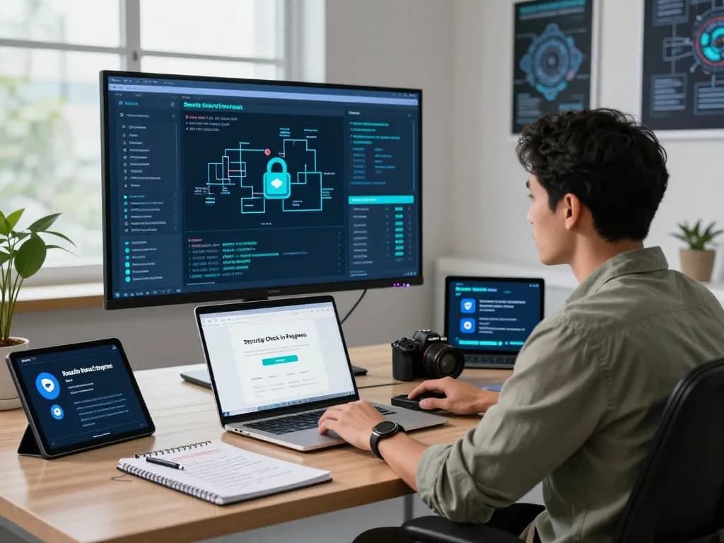 Cybersecurity expert analyzing secure browsing protocols at https://shs-dome5.com/ with modern tech tools and vibrant office setting.