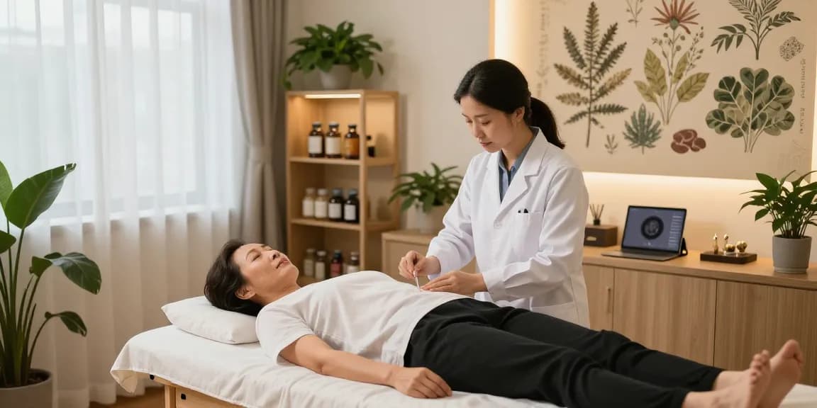Acupuncture session at 영통한의원, showcasing a tranquil healing environment with herbal remedies and patient care.