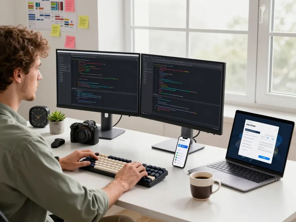 Developer using OpenClaw AI assistant in a modern workspace, dual monitors displaying code and settings.