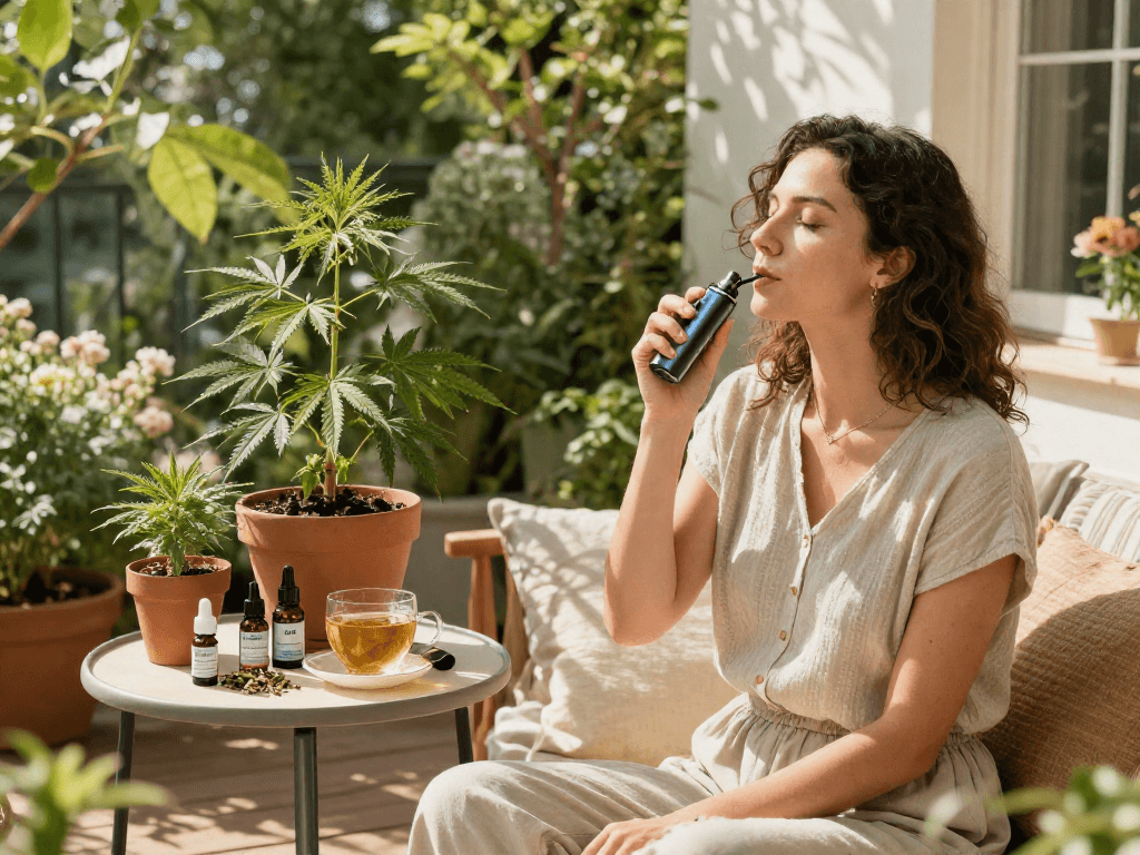 Weed vape UK experience with natural wellness products, including CBD oil and hemp extract, in a serene outdoor setting.