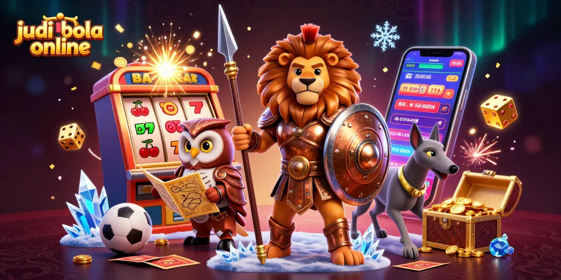 Experience thrilling judi bola online action with a vibrant scene of a Spartan lion, an owl strategist, and dynamic sports elements.