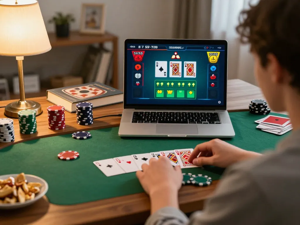 Engaging player strategizing in an online blackjack game at home, showcasing the excitement of bj886.