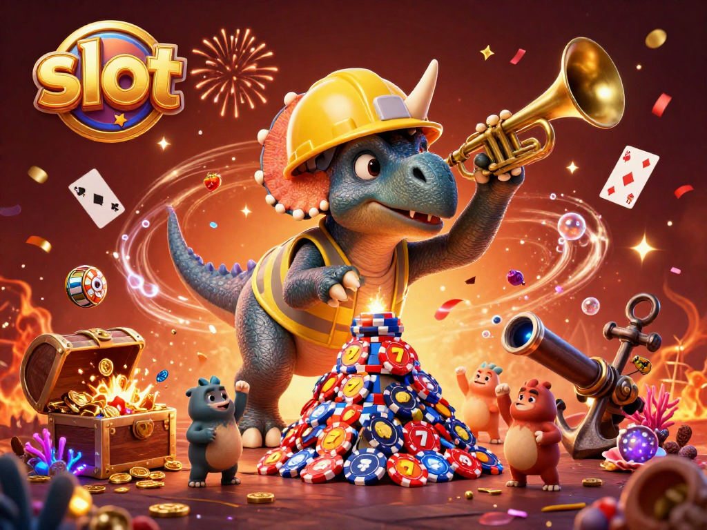Celebrate with exciting slot games featuring a triceratops and lively characters!
