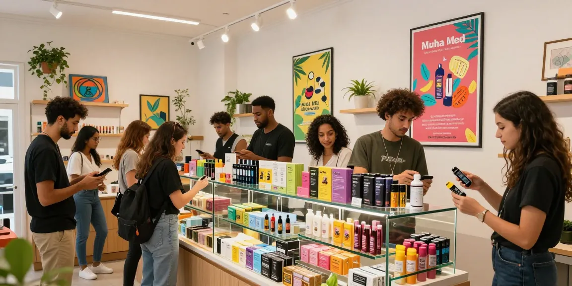 Muha Med products showcased in a vibrant vape shop, highlighting cannabis culture and community engagement.