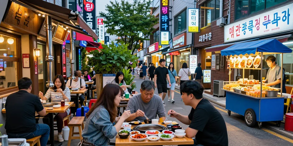 Diners enjoying Korean cuisine at 상봉동 한국관, with vibrant street scene and neon lights.