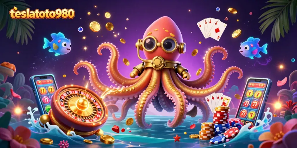 Experience the thrill of teslatoto980 with a colossal kraken and underwater adventure, surrounded by casino excitement!