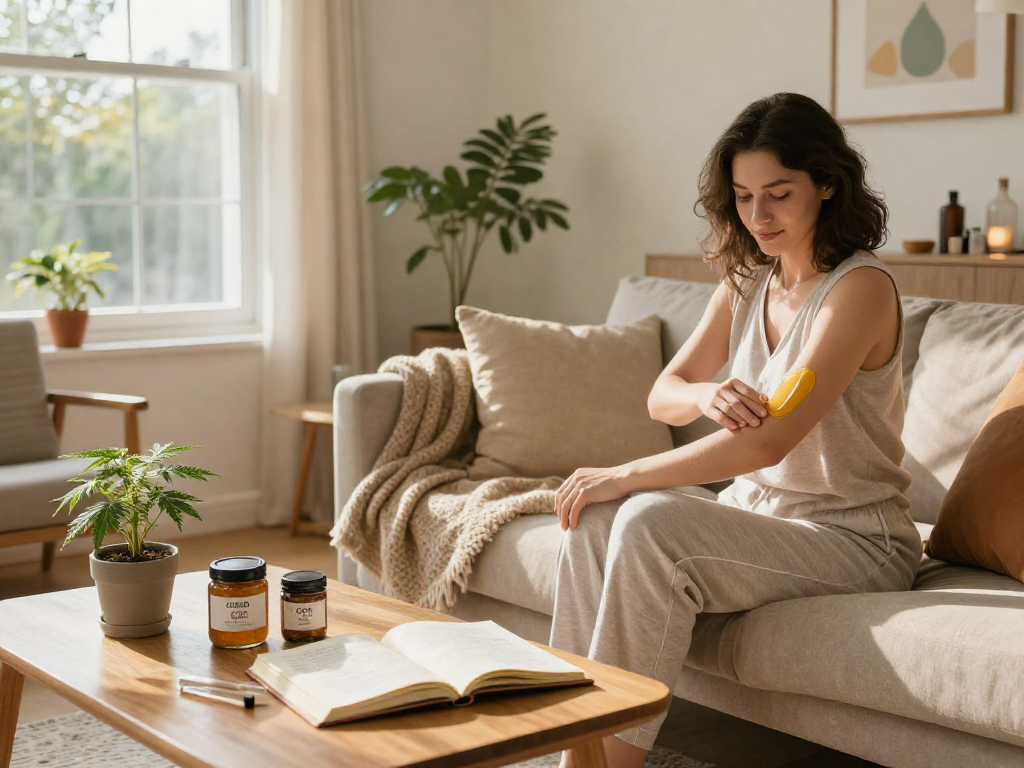 Application de résine CBD biologique pour le bien-être dans un cadre confortable, lumière naturelle, ambiance apaisante et saine