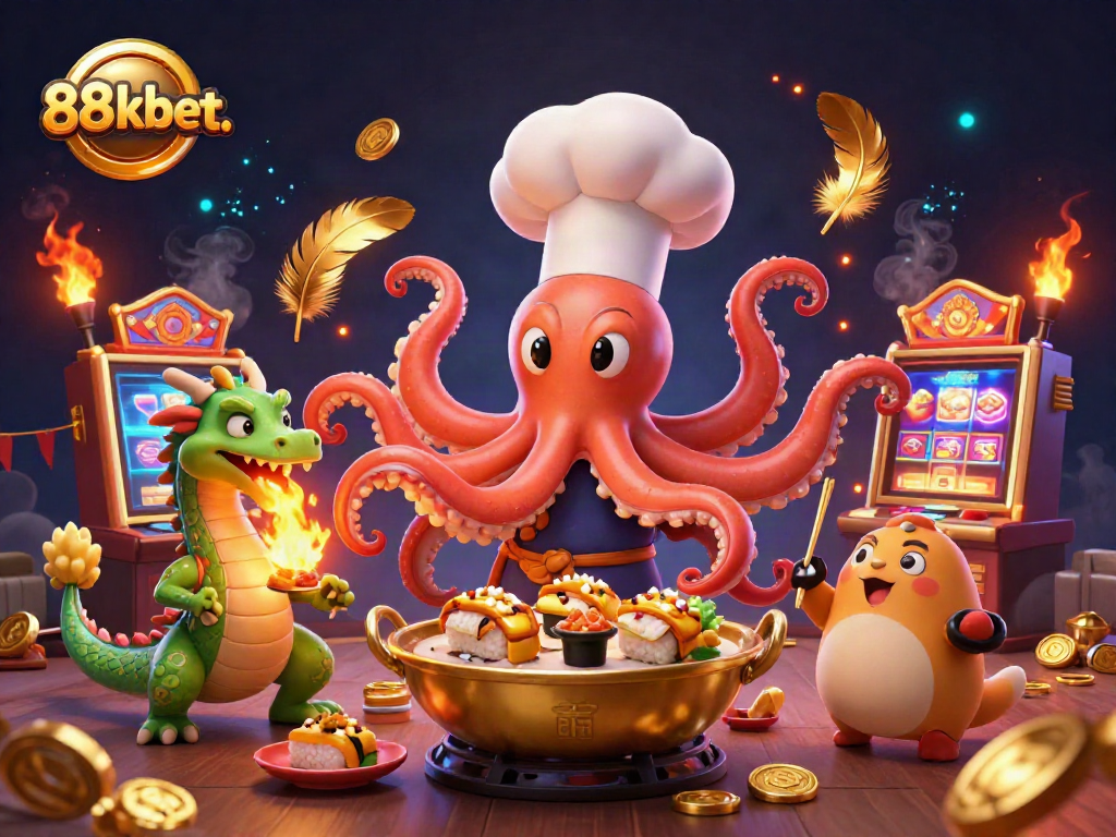 Engaging scene featuring 88kbet. characters preparing slot-themed dishes with golden gaming elements.