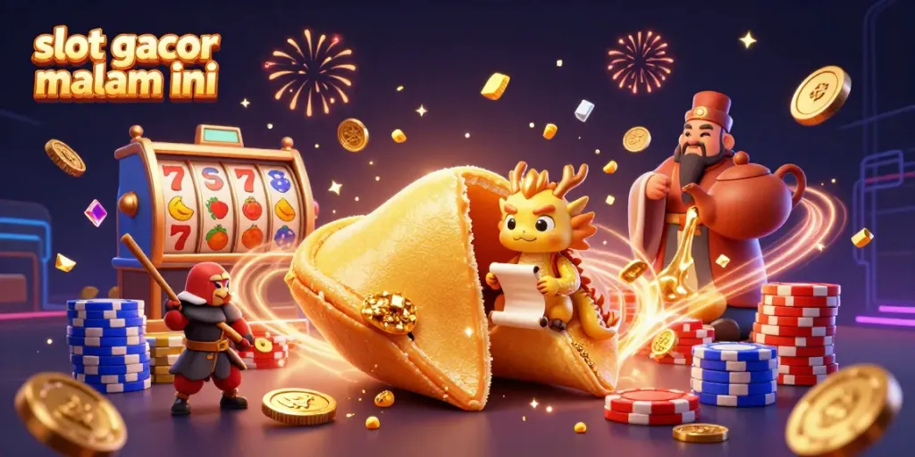Gambar slot gacor malam ini menampilkan ilustrasi 3D kue keberuntungan dan naga bijak di kasino