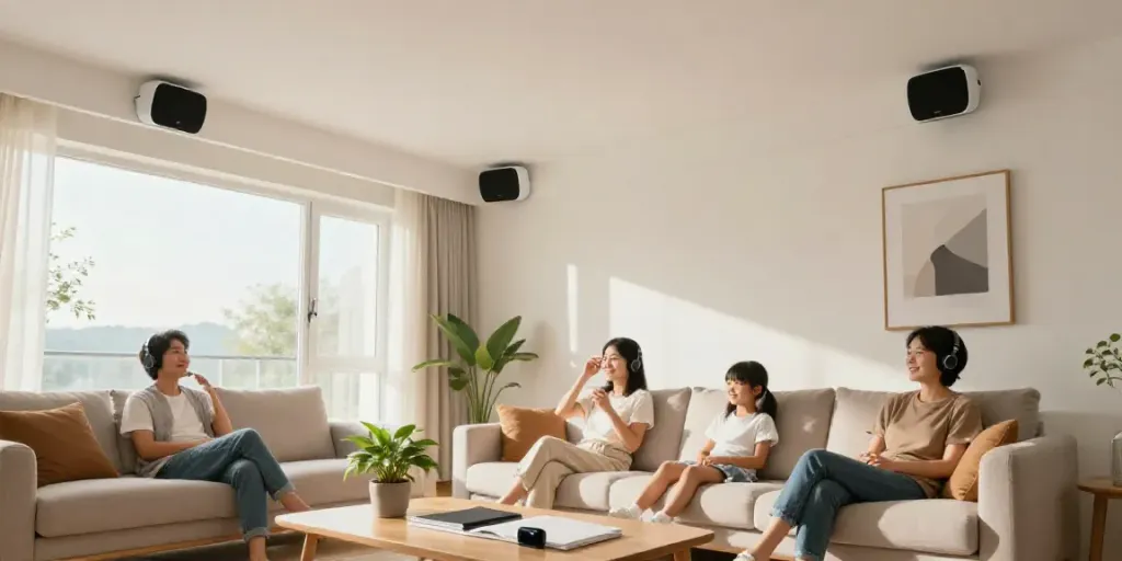 Stylish living room with modern اسپیکر سقفی seamlessly integrated into the design, showcasing a cozy family gathering.