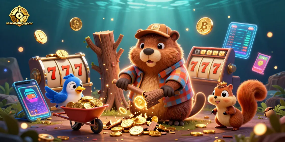 Win big at situstotoslottergacor with a beaver collecting golden coins in a vibrant casino scene.