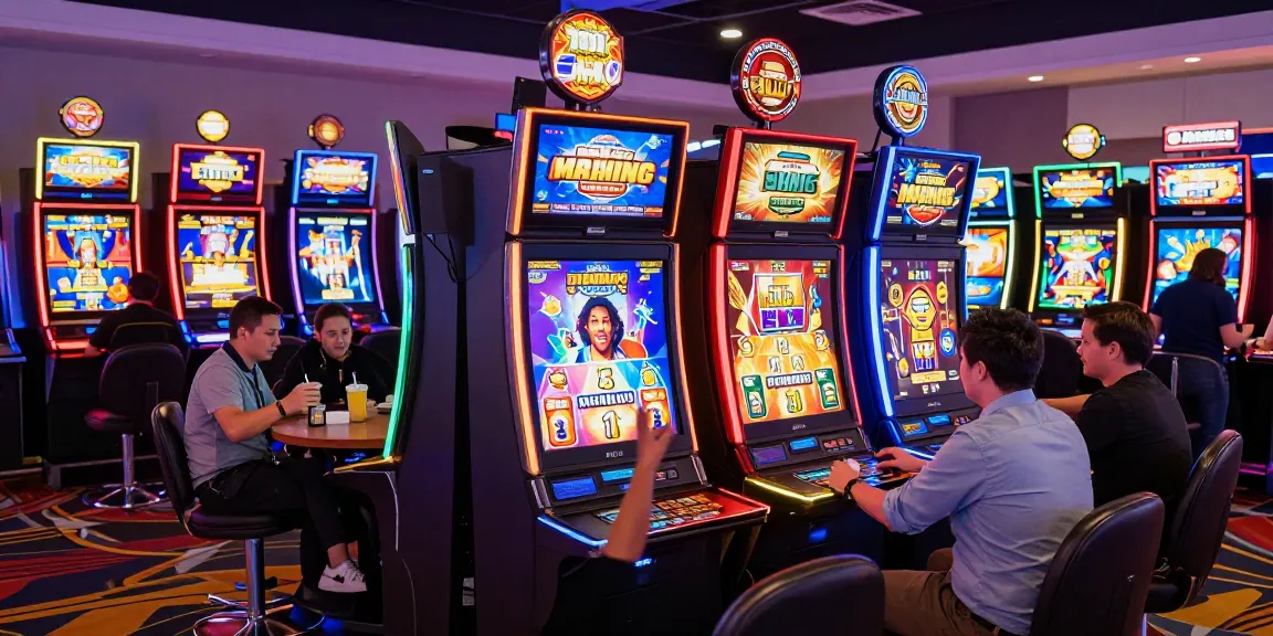 Players enjoying slot depo 1000 games in a vibrant casino atmosphere filled with colorful machines.
