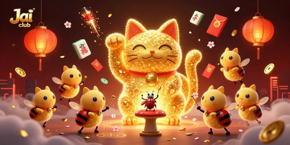 Engage with the Jai club platform featuring a dazzling lucky cat and vibrant casino elements.