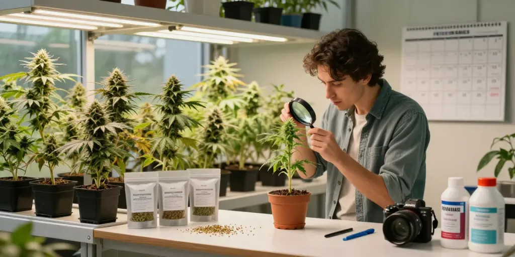 Discover cannabis seeds online in a bright indoor greenhouse full of diverse plants and cultivation tools.