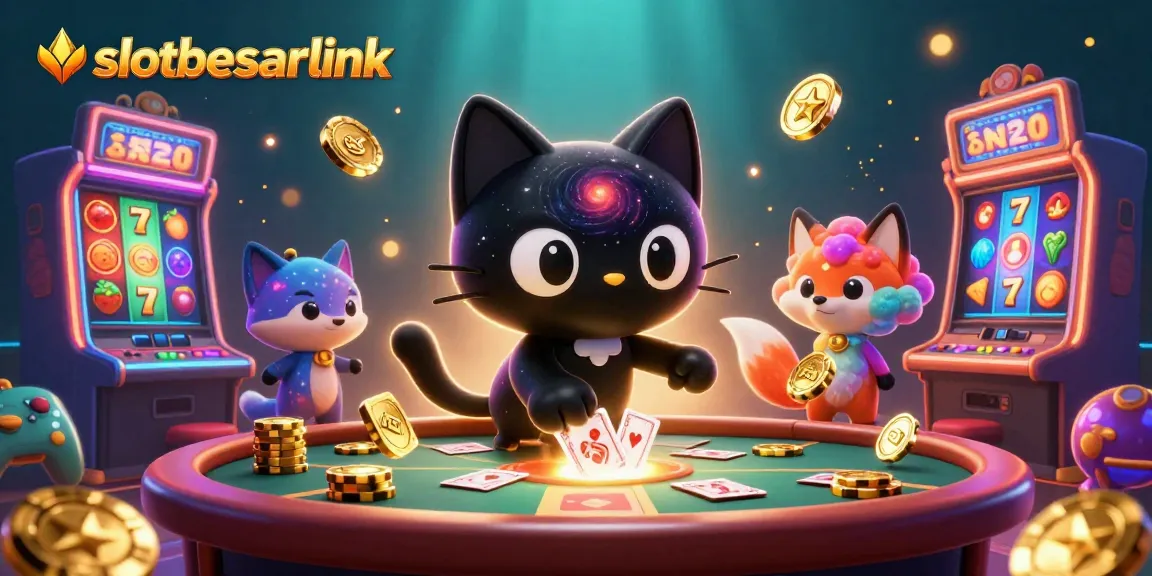 Celebrate wins at slotbesarlink with a cosmic casino scene featuring charming characters and slot machines.