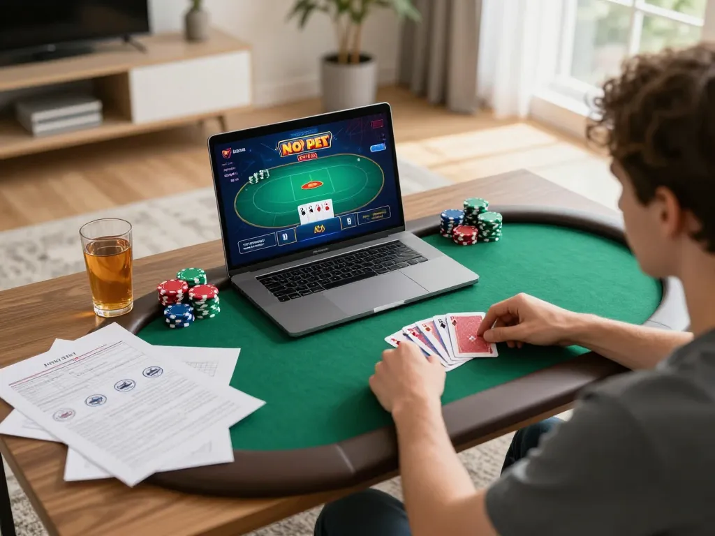 Player enjoying poker online at 79club with strategy notes and laptop in cozy setting