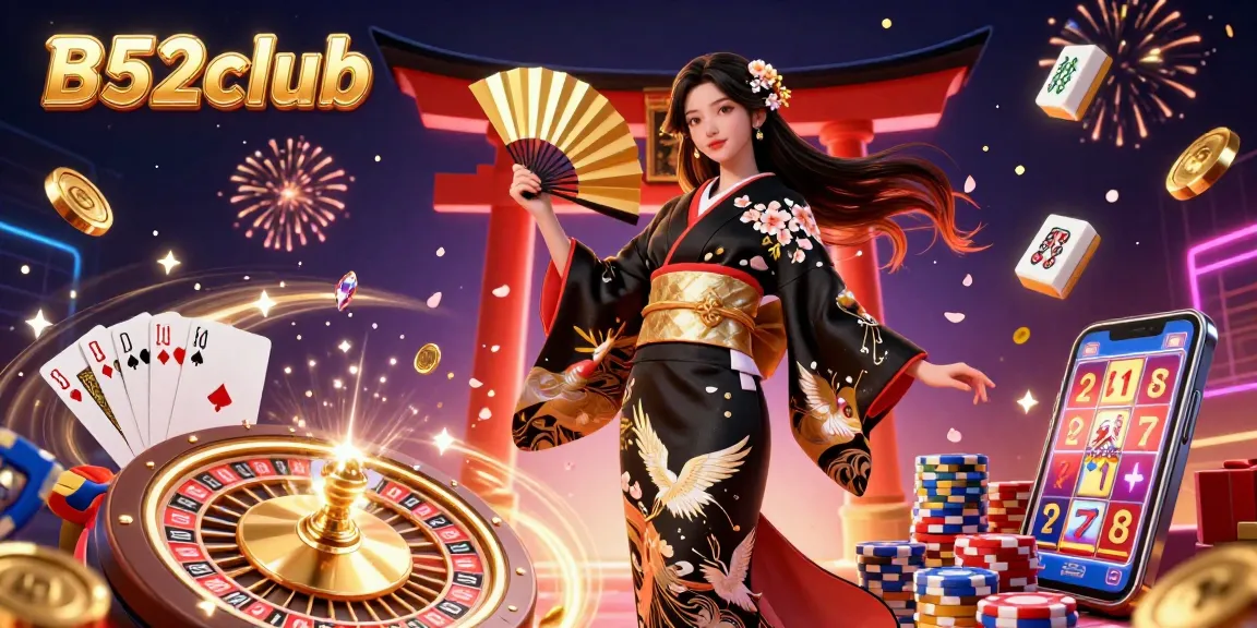 B52club showcases a vibrant casino scene with an elegant Asian woman, golden coins, and a spinning roulette wheel.