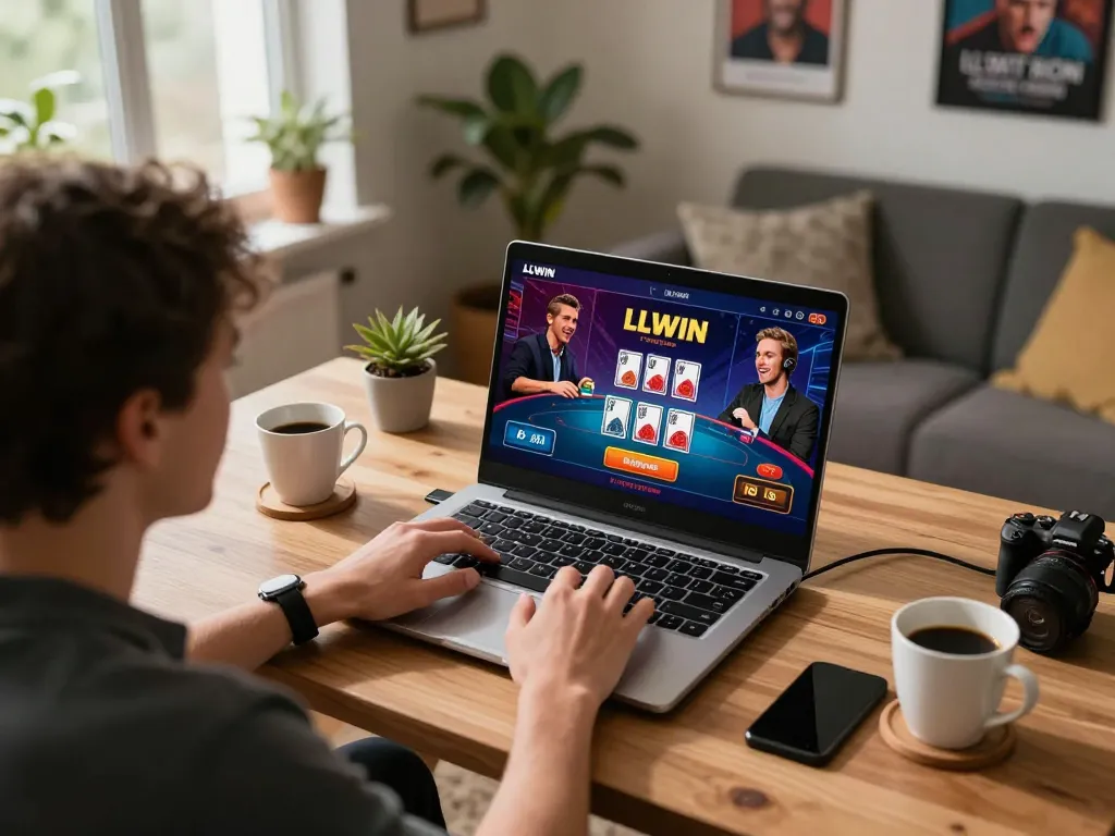 Engaging player utilizing the LLWIN Function for strategic online gambling gameplay at home.
