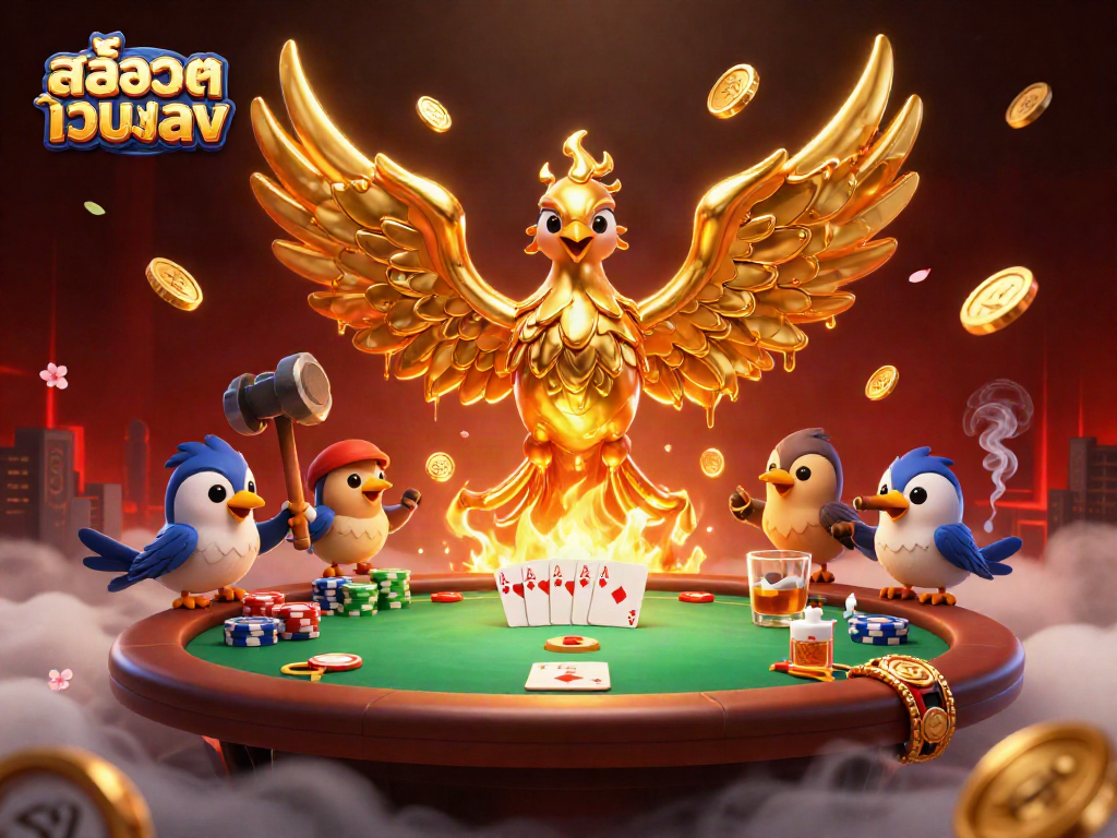 Engage with สล็อตเว็บตรง as the golden phoenix emerges in a dynamic casino scene filled with poker elements.