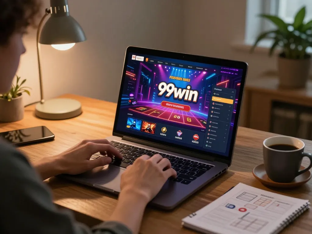 Player enjoying online gaming on 99win's platform in a cozy home office setup
