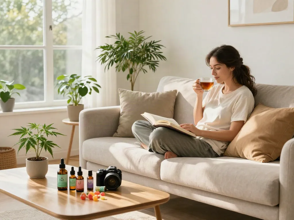 Buy weed online usa with premium CBD oil and wellness products in a bright living room setting.