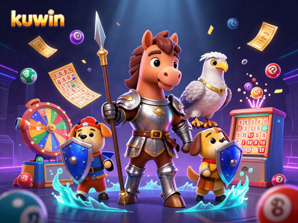 Kuwin lottery balls and a horse knight build excitement in a vibrant gambling scene