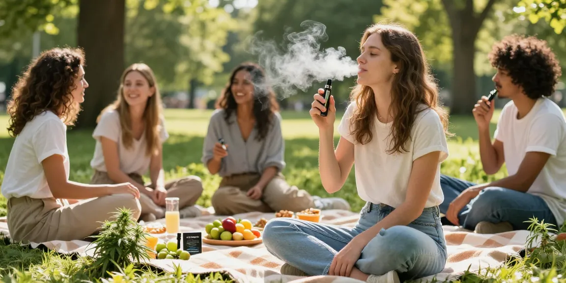 Group enjoying natural wellness with thc vapes uk delivery in vibrant park setting, emphasizing community and relaxation.
