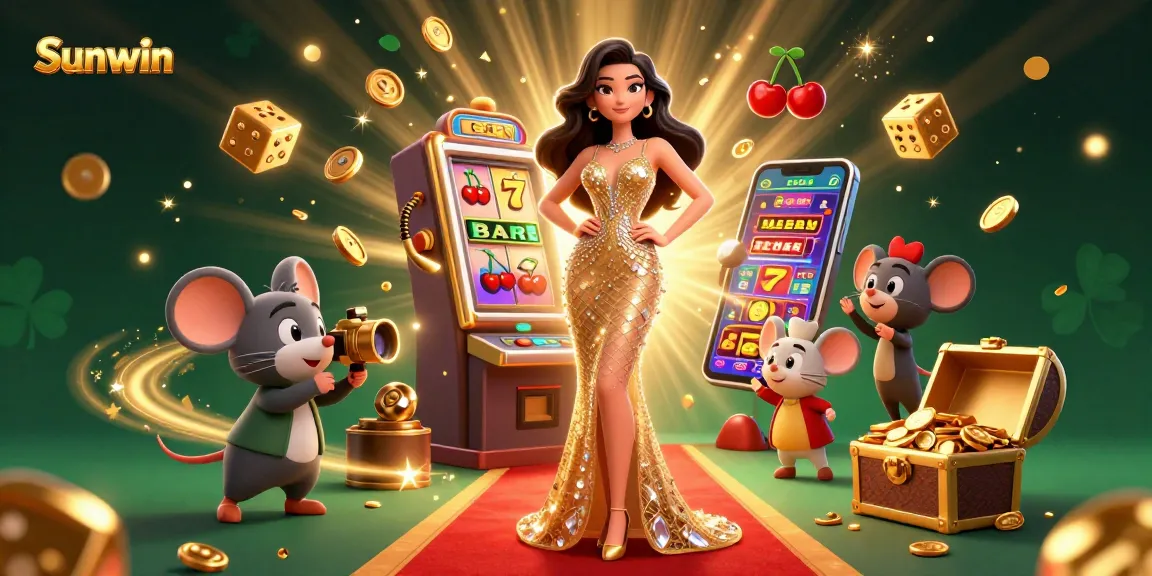 Experience the excitement at Sunwin with a stunning casino scene featuring a glamorous woman, jackpot explosion, and vibrant game elements.