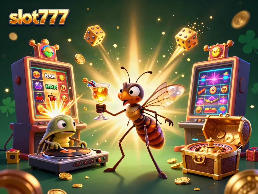 Permainan slot777 yang menyenangkan dengan simbol berkilau serta DJ trilobite memutar lagu di kasino.