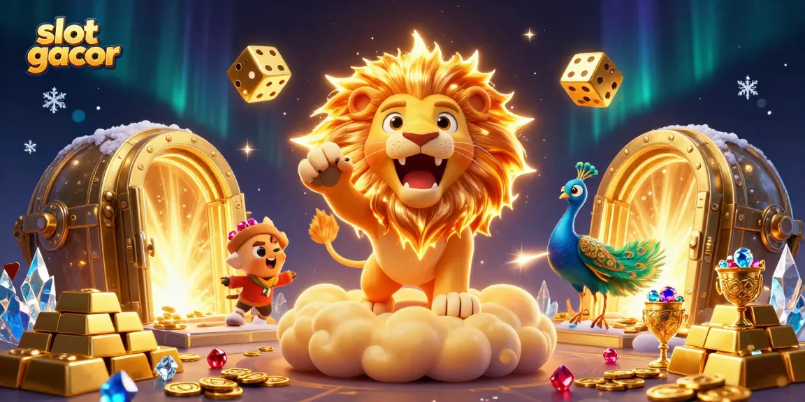 Experience thrilling wins with slot gacor as a sun lion roars triumphantly over gems and gold treasures.