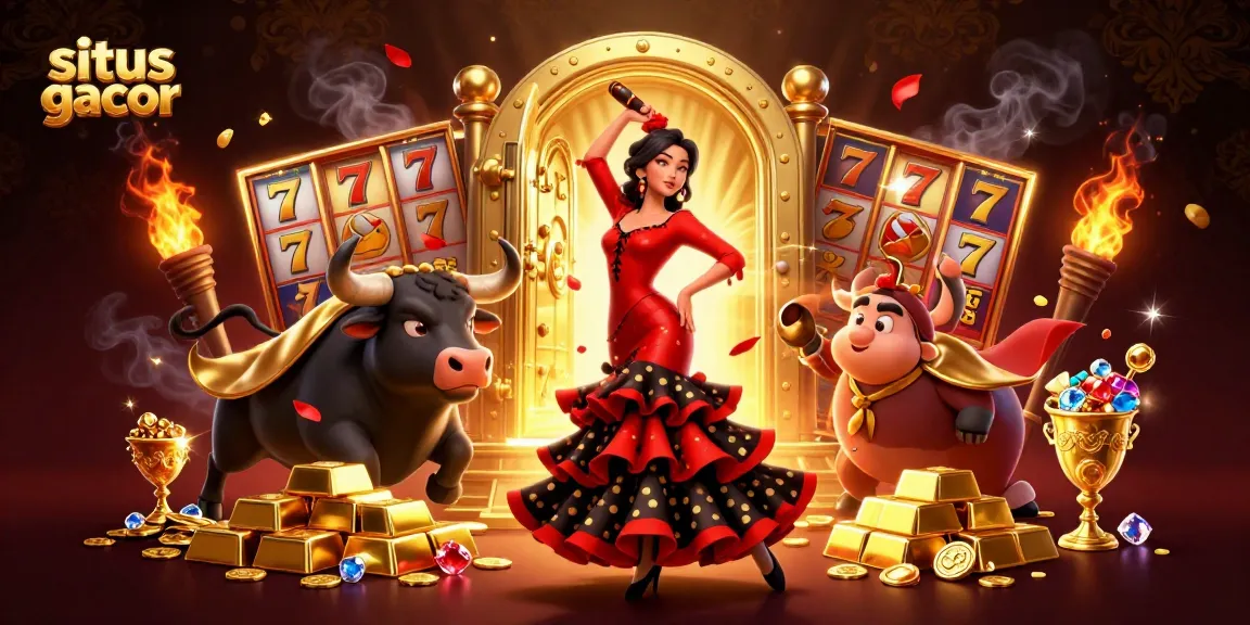 Engage in gaming excitement with situs gacor, as a beautiful woman dances with a fighting bull among sparkling treasures.