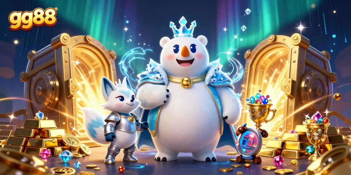 Experience the thrill of gaming with gg88, where the ice king polar bear and snow fox greet treasure in a dazzling casino scene.