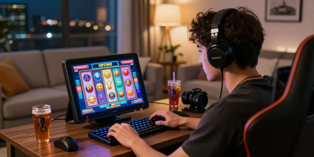 Permainan situs slot gacor di tablet dengan suasana nyaman dan lampu ambient.