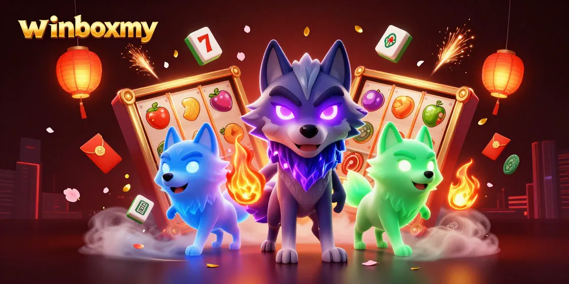 Engaging winboxmy casino experience featuring a wolf leader with eerie companions among slot reels and vibrant gaming elements.