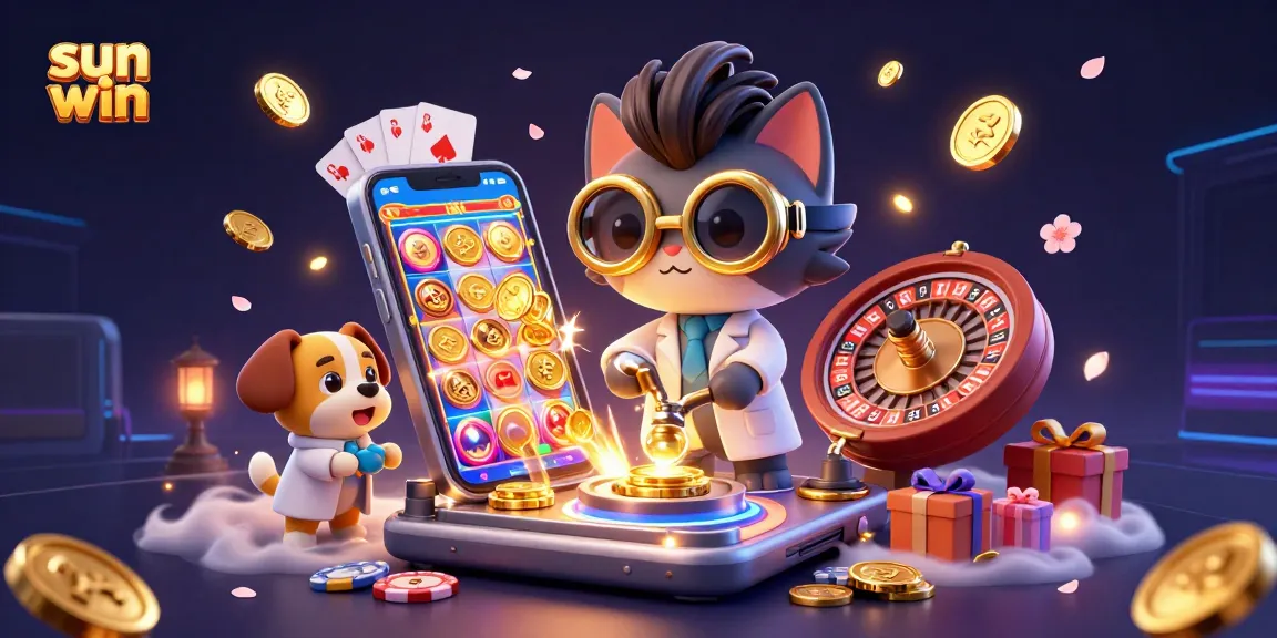 Engage with the exciting sun win experience through a vibrant 3D casino scene filled with games and gold.
