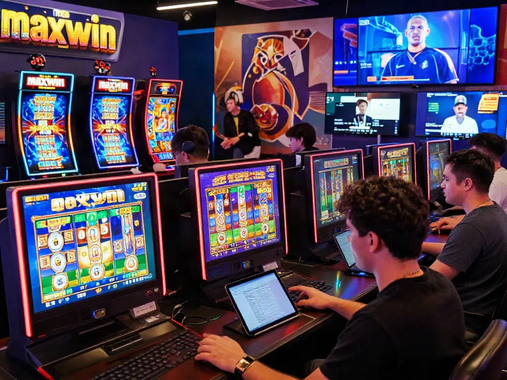 Exciting scene of players enjoying diverse slot maxwin games in a vibrant online casino.
