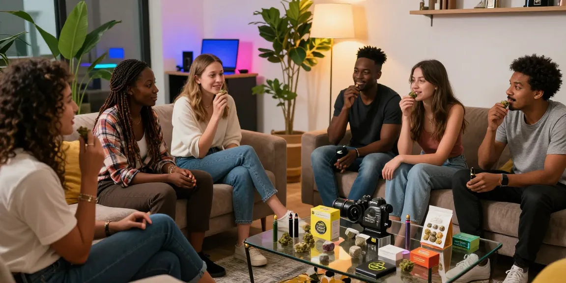 Group of friends enjoying moonrocks cannabis in a modern lounge setting