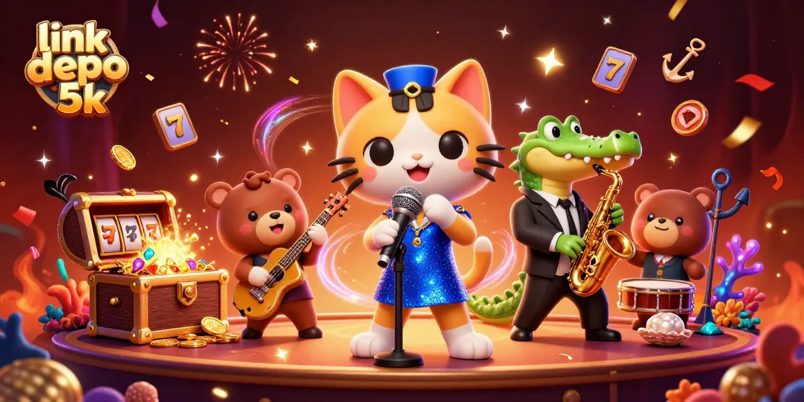 Experience thrilling gaming with link depo 5k in this vibrant casino scene featuring our jazzy cat, crocodile, and bear cub.