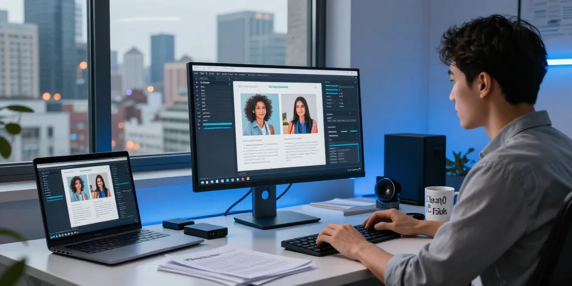 Data analyst using a free AI image detector in a modern home office, with vibrant city views and tech elements.