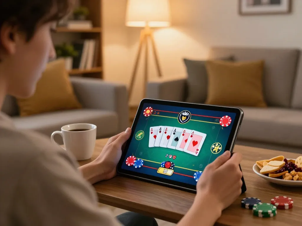Engaging online poker game setup with go8 app on tablet and cozy home atmosphere