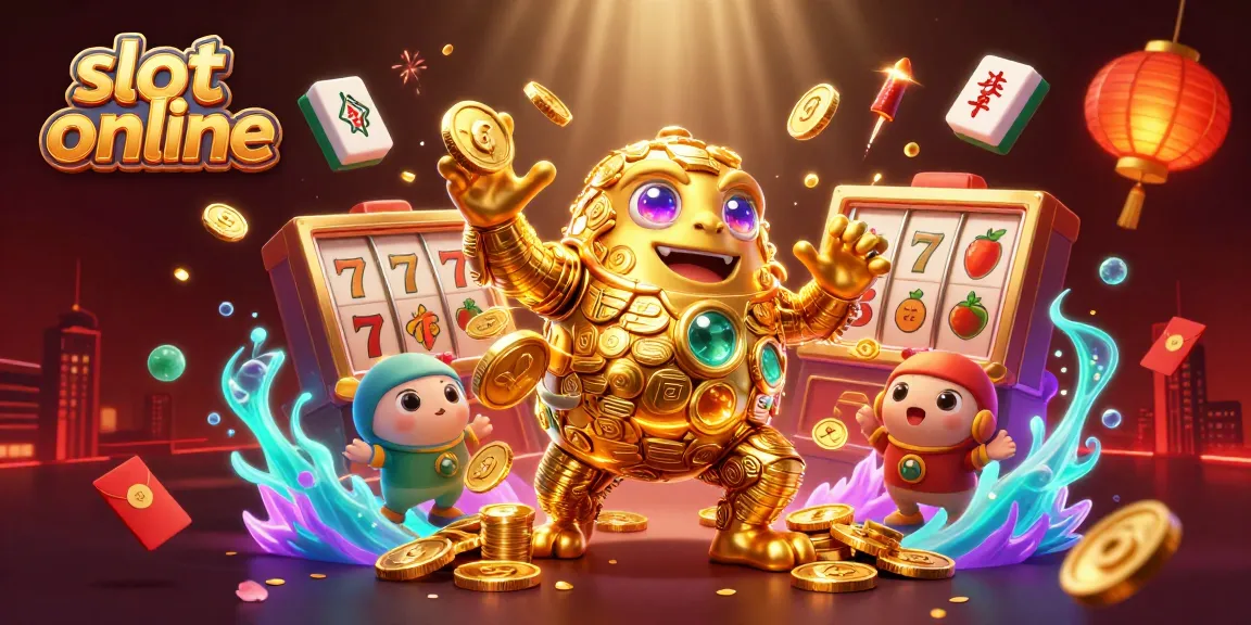 Revel in the excitement of slot online games with dynamic golden golem and festive casino elements.