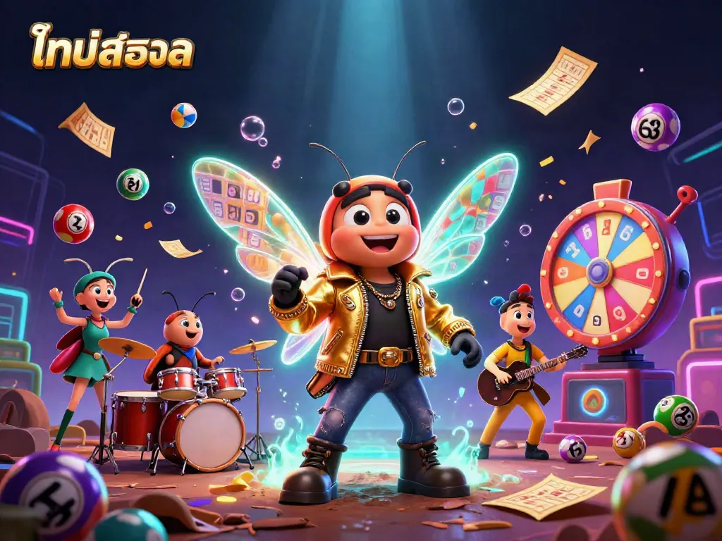 Experience ไทย สล็อต gaming excitement with a vibrant 3D illustration featuring a rock star and dynamic game elements.